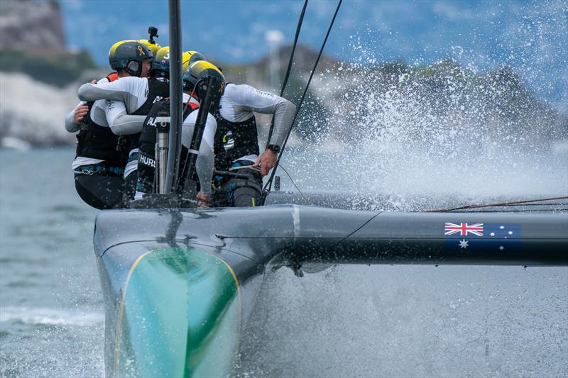 Team Australia helmed by Tom Slingsby celebrate beating Team Japan helmed by Nathan Outteridge in the final match race. Race Day 2 Event 2 Season 1 SailGP event in San Francisco - photo © Chris Cameron