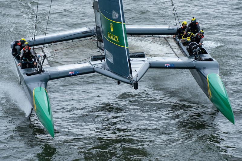 SailGP Team Australia skippered by Tom Slingsby during practice with Ed Leigh as the 6th sailor. Event 3 Season 1 SailGP event in New York City, New York, United States. 19 June  photo copyright Chris Cameron for SailGP taken at  and featuring the F50 class