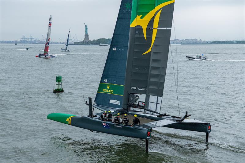 SailGP Team Australia skippered by Tom Slingsby during practice with Ed Leigh as the 6th sailor. Event 3 Season 1 SailGP event in New York City, New York, United States. 19 June  photo copyright Chris Cameron for SailGP taken at  and featuring the F50 class