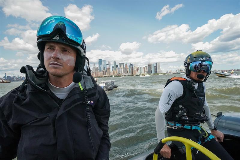 The Australia SailGP Team head out on a rib from the Liberty Landing Marina Technical Area to their moored F50 catamaran. Race Day 2 Event 3 Season 1 SailGP event in New York City, New York, United States. 22 June  photo copyright Sam Greenfield for SailGP taken at  and featuring the F50 class