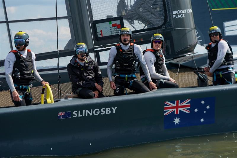 The Australia SailGP Team crew on board their F50 catamaran. Race Day 2 Event 3 Season 1 SailGP event in New York City, New York, United States. 22 June . - photo © Sam Greenfield for SailGP