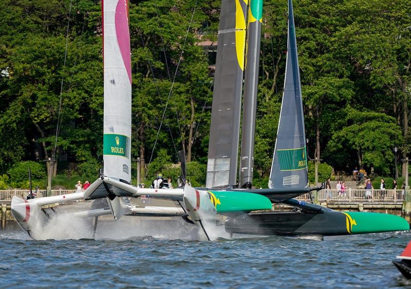 Japan SailGP Team skippered by Nathan Outteridge almost gets airborne as they manoeuvre around Australia SailGP Team skippered by Tom Slingsby in the match race to win SailGP New York. - photo © Beau Outteridge for SailGP