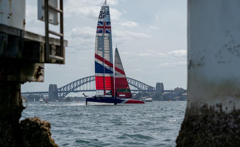 Great Britain SailGP Team skippered by Dylan Fletcher sails past a small lighthouse off of Shark Island on day two of competition. Event 1 Season 1 SailGP event in Sydney Harbour, Sydney, Australia. 16 February photo copyright Bob Martin for SailGP taken at  and featuring the F50 class