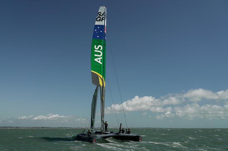 Series leader Australia SailGP Team helmed by Tom Slingsby damage their wing in their first practice session on The Solent as a result of strong winds ahead of Event 4 Season 1 SailGP event in Cowes, Isle of Wight, England, United Kingdom. - photo © Sam Greenfield for SailGP