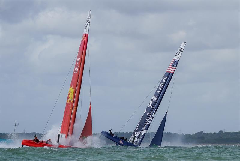 United States SailGP Team helmed by Rome Kirby capsizes in race one. Race Day. Event 4 Season 1 SailGP event in Cowes, Isle of Wight, England, United Kingdom. - photo © Bob Martin for SailGP