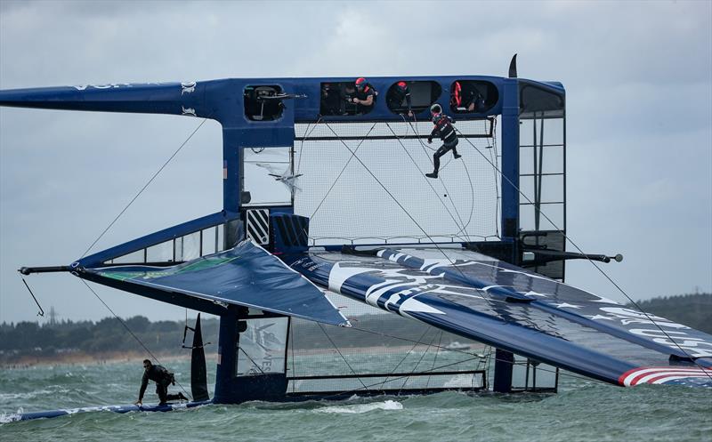United States SailGP Team helmed by Rome Kirby capsize in the early stages of the first race. Race Day. Event 4 Season 1 SailGP event in Cowes, Isle of Wight, England, United Kingdom photo copyright Lloyd Images for SailGP taken at  and featuring the F50 class