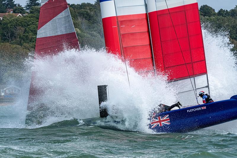 SailGP Team GBR bear away at the top mark and bury their bows. Race Day. Event 4 Season 1 SailGP event in Cowes, Isle of Wight, England, United Kingdom. - photo © Chris Cameron for SailGP
