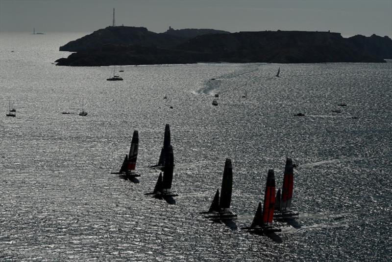 The fleet on the Rade de Marseille during fleet racing. Race Day 1. The final SailGP event of Season 1 in Marseille, France photo copyright Jon Buckle for SailGP taken at  and featuring the F50 class