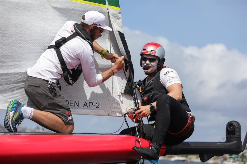 Lars-Peter Rosendahl, grinder of Denmark SailGP Team, helps prepare the Denmark SailGP Team F50 catamaran for racing photo copyright Brian Carlin for SailGP taken at Royal Sydney Yacht Squadron and featuring the F50 class
