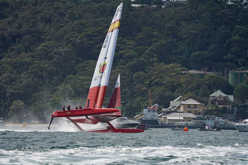 Spain SailGP Team helmed by Phil Robertson early capsize during the warm up on day 1 of Sydney SailGP photo copyright Brian Carlin for SailGP taken at Royal Sydney Yacht Squadron and featuring the F50 class