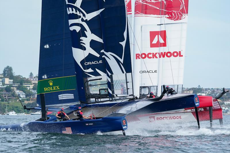 United States SailGP Team helmed by Rome Kirby and Denmark SailGP Team helmed by Nicolai Sehested collide on Race Day 2 - Sydney SailGP photo copyright Bob Martin for SailGP taken at  and featuring the F50 class