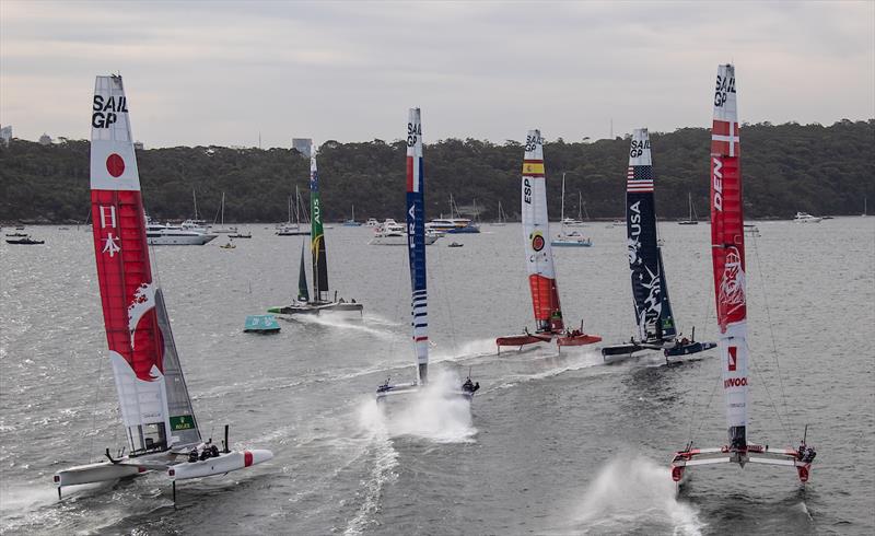 The fleet racing to the mark with Australia leading the way on Race Day 2 - Sydney SailGP photo copyright David Gray for SailGP taken at  and featuring the F50 class