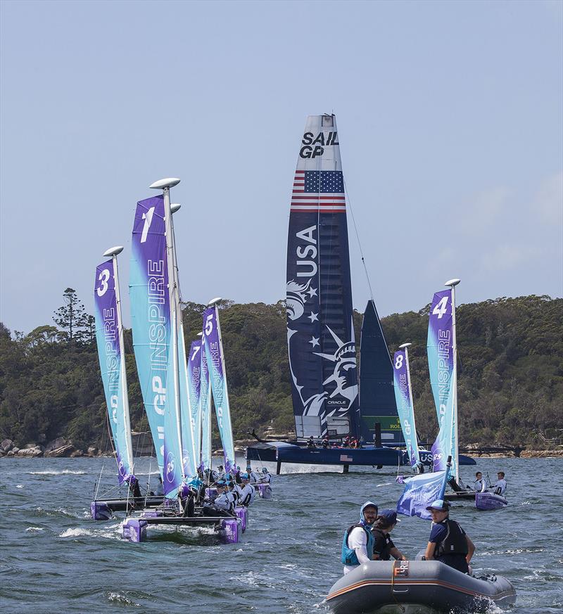 SailGP - RS Cat 14s and the Team USA F50 photo copyright John Curnow taken at Royal Sydney Yacht Squadron and featuring the F50 class