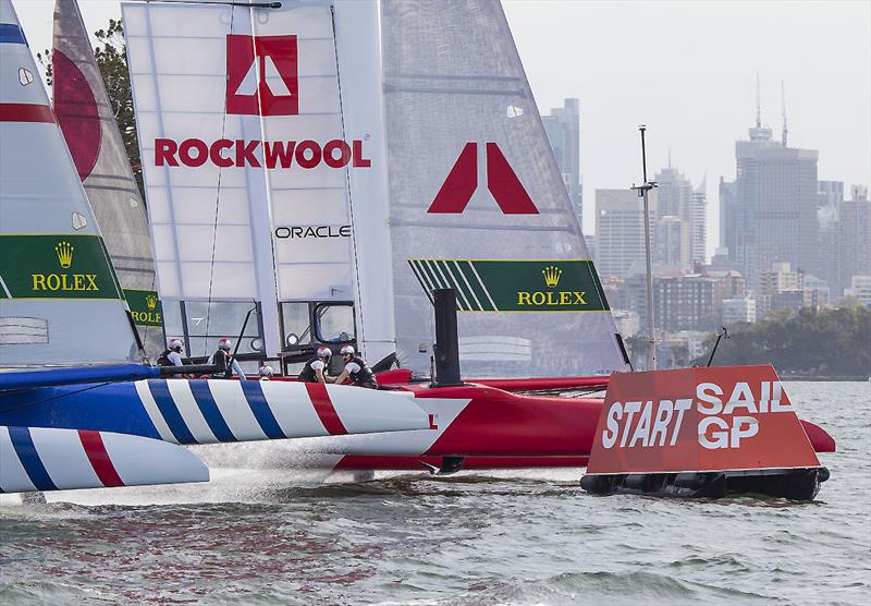 You'd be lucky to get a canoe though that gap, let alone an F50 Cat. Time to go around Team FRA. Team DEN look on photo copyright John Curnow taken at Royal Sydney Yacht Squadron and featuring the F50 class