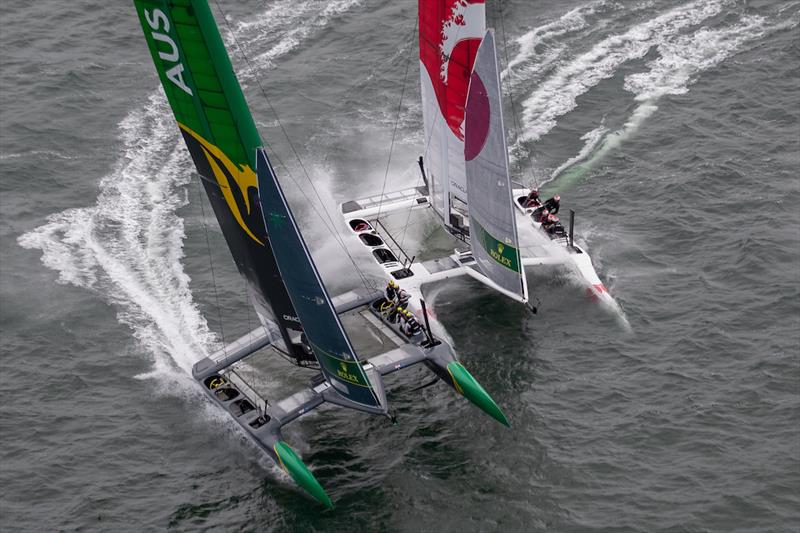 :Australia SailGP Team skippered by Tom Slingsby and Japan SailGP Team skippered by Nathan Outteridge come close together during the Match Race in San Francisco photo copyright Jed Jacobsohn - SailGP taken at  and featuring the F50 class
