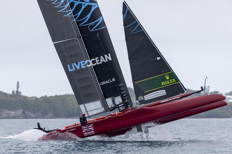 New Zealand SailGP Team helmed by Peter Burling in action onboard the Great Britain SailGP Team hull with the New Zealand wing attached during a practice session ahead of Bermuda SailGP - photo © Simon Bruty /SailGP