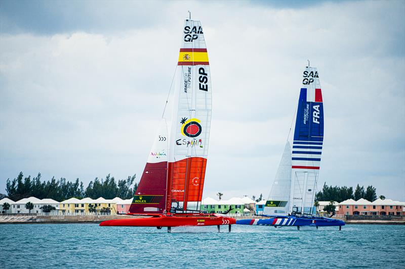 Spain SailGP Team co-helmed by Florian Trittel and Phil Robertson practise alongside France SailGP Team helmed by Billy Besson photo copyright Ugo Fonolla /SailGP taken at Royal Bermuda Yacht Club and featuring the F50 class