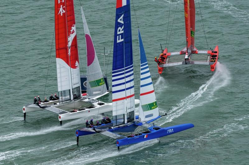 Japan SailGP Team helmed by Nathan Outteridge and France SailGP Team helmed by Billy Besson race head to head in a practice race ahead of Event 4 Season 1 SailGP event in Cowes, Isle of Wight, England, United Kingdom photo copyright Chris Cameron taken at  and featuring the F50 class