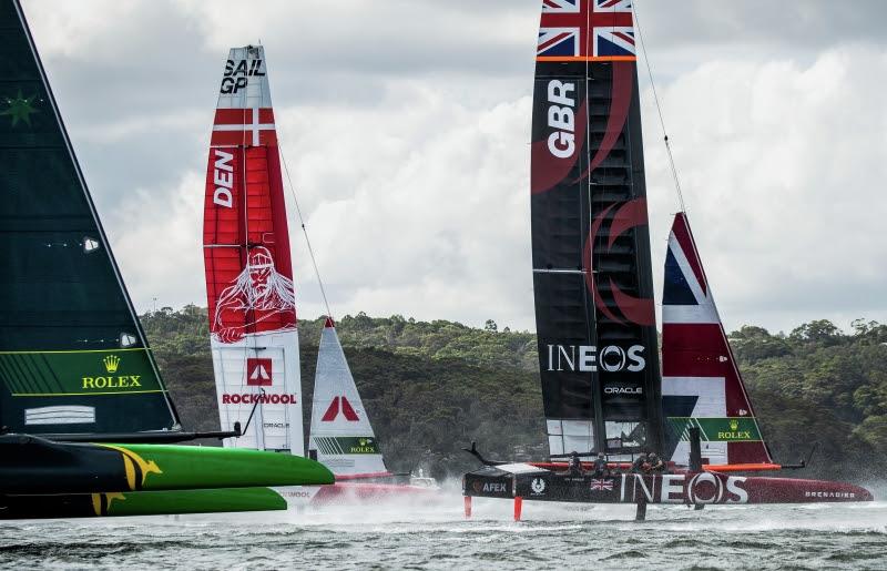 Australia SailGP Team, Denmark SailGP Team and Great Britain SailGP Team in action during the Sydney SailGP, Event 1 Season 2 in Sydney Harbour, Sydney, Australia photo copyright Lloyd Images taken at  and featuring the F50 class