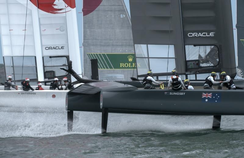 Japan and Australia SailGP Team skippered by Tom Slingsby up on their foils and racing. Race Day 2 Event 2 Season 1 SailGP event in San Francisco, California, United States photo copyright Chris Cameron taken at  and featuring the F50 class