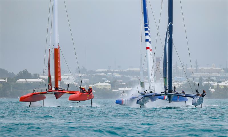 Spain SailGP Team, France SailGP Team and USA SailGP Team foiling during a practice session ahead of Bermuda SailGP, Event 1 Season 2 in Hamilton, Bermuda. 22 April . Photo: Simon Bruty for SailGP. Handout image supplied by SailGP photo copyright Simon Bruty/SailGP taken at Royal Bermuda Yacht Club and featuring the F50 class