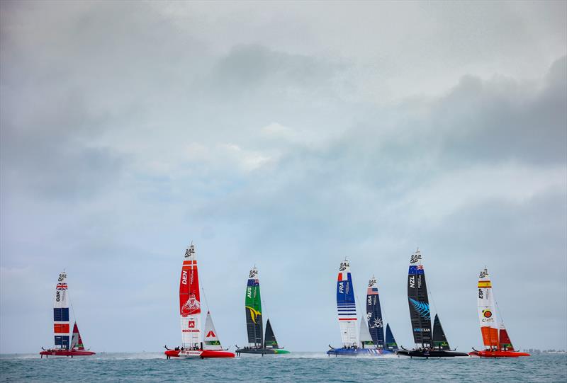 The F50 catamarans from Great Britain SailGP Team presented by INEOS, Denmark SailGP Team , Australia SailGP Team, France SailGP Team, USA SailGP Team, New Zealand SailGP Team and Spain SailGP Team during a practice session ahead of Bermuda SailGP  photo copyright Simon Bruty/SailGP taken at Royal Bermuda Yacht Club and featuring the F50 class