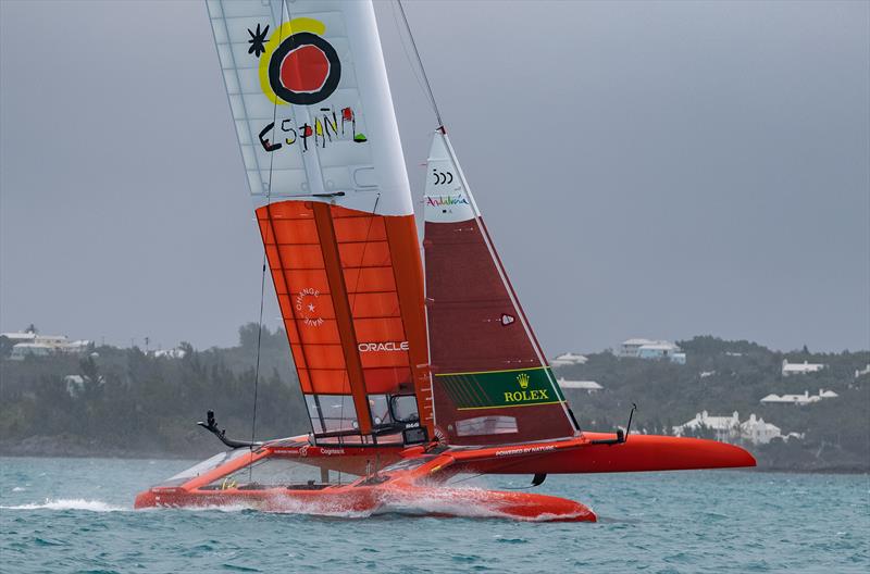 Spain SailGP Team co-helmed by Florian Trittel and Phil Robertson makes a sharp turn during a practice session ahead of Bermuda SailGP  photo copyright Simon Bruty/SailGP taken at Royal Bermuda Yacht Club and featuring the F50 class