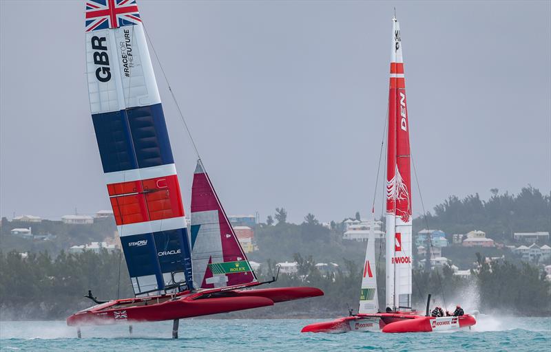 The Great Britain SailGP Team presented by INEOS helmed by Sir Ben Ainslie gets high on its foils as Denmark SailGP Team comes close during a practice session ahead of Bermuda SailGP - photo © Simon Bruty/SailGP