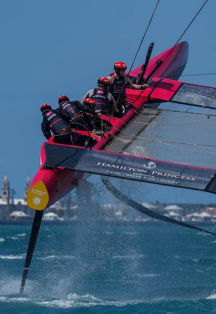 The F50 of the Denmark SailGP Team  leaps out over the waves whilst competing at Bermuda SailGP  - Season 2, Day 1 - April 23, 2021 photo copyright Bob Martin/SailGP taken at Royal Bermuda Yacht Club and featuring the F50 class
