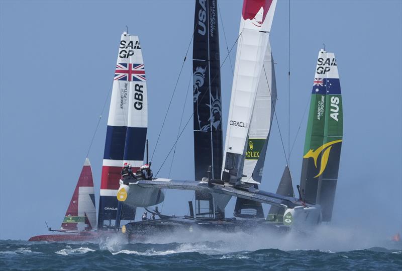 Japan SailGP Team helmed by Nathan Outterridge in action with USA SailGP Team, Great Britain SailGP Team  and Australia SailGP Team in the background during Bermuda SailGP  - Season 2, Day 1 - April 23, 2021 photo copyright Thomas Lovelock for SailGP taken at Royal Bermuda Yacht Club and featuring the F50 class