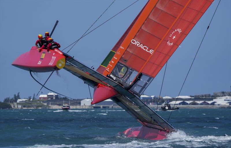 The F50 of the Denmark SailGP Team leaps out over the waves whilst competing at Bermuda SailGP  - Season 2, Day 1 - April 23, 2021 photo copyright Bob Martin/SailGP taken at Royal Bermuda Yacht Club and featuring the F50 class