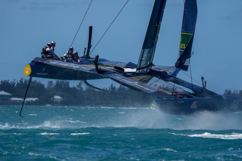 The USA SailGP Team helmed by Jimmy Spithill F50 catamaran has a foil a long way out of the water whilst competing at Bermuda SailGP  - photo © Bob Martin/SailGP