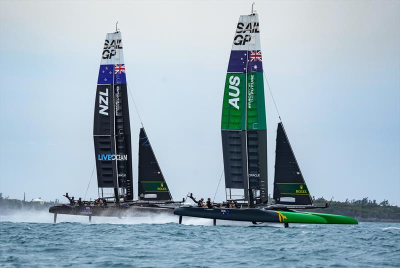 New Zealand SailGP Team and Australia SailGP Team in the first race on Race Day 2. Bermuda SailGP  photo copyright Bob Martin/SailGP taken at Royal Bermuda Yacht Club and featuring the F50 class