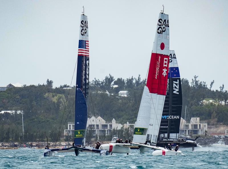 The Japan SailGP Team  with one of their hulls stuck on the USA SailGP Team after a collision in the first race on Race Day 2. Bermuda SailGP  photo copyright Bob Martin/SailGP taken at Royal Bermuda Yacht Club and featuring the F50 class