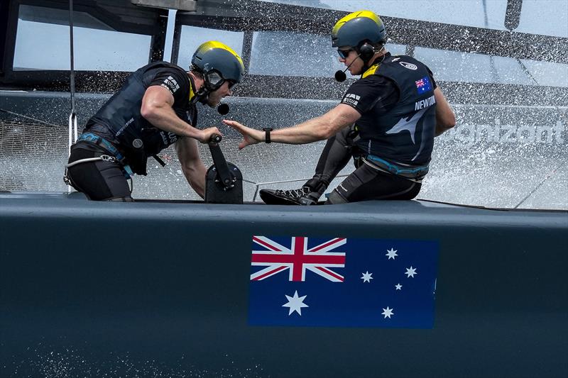 Grinders Kinley Fowler and Sam Newton in action on the Australia SailGP Team F50 catamaran during a practice run before the first race on Race Day 2 photo copyright Bob Martin/SailGP taken at Royal Bermuda Yacht Club and featuring the F50 class