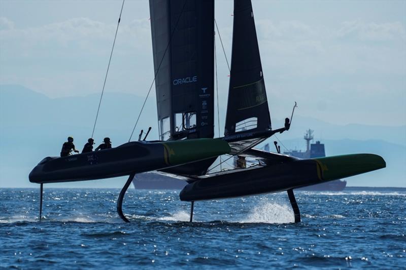 Australia SailGP Team helmed by Tom Slingsby foiling during a practice session ahead of Italy SailGP, Event 2, Season 2 in Taranto, Italy photo copyright Bob Martin for SailGP taken at  and featuring the F50 class