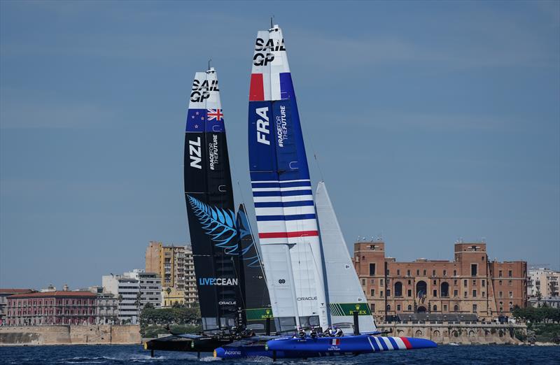 France SailGP Team and New Zealand SailGP Team in action during practice session ahead of Italy SailGP, Event 2, Season 2 in Taranto, Italy. 03 June  photo copyright Bob Martin/SailGP taken at Royal New Zealand Yacht Squadron and featuring the F50 class