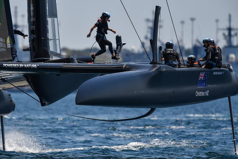 Liv Mackay of New Zealand SailGP Team runs across the F50 during a practice session ahead of Italy SailGP, Event 2, Season 2 in Taranto, Italy. 03 June . Photo: Ricardo Pinto for SailGP. Handout image supplied by SailGP photo copyright Ricardo Pinto/SailGP taken at Royal New Zealand Yacht Squadron and featuring the F50 class