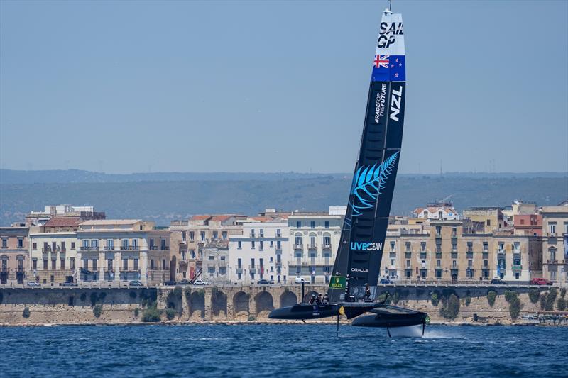New Zealand SailGP Team helmed by Arnaud Psarofaghis in action during practice ahead of Italy SailGP, Event 2, Season 2 in Taranto, Italy. 03 June  photo copyright Bob Martin/SailGP taken at Royal New Zealand Yacht Squadron and featuring the F50 class
