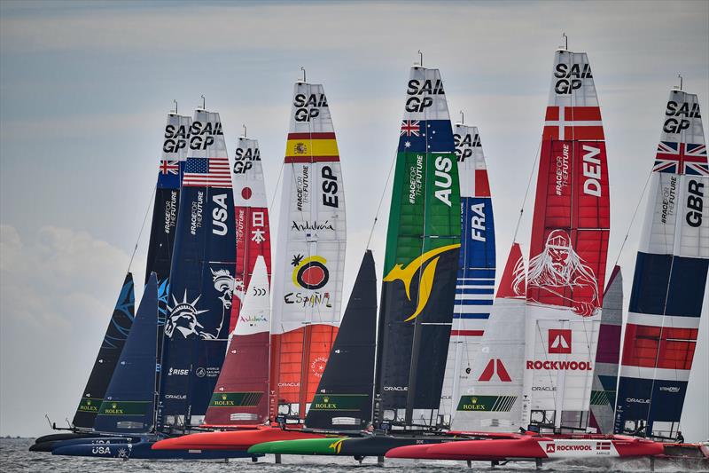 The entire fleet sail close together as they practice ahead of racing on Race Day 1. Italy SailGP, Event 2, Season 2 in Taranto, Italy. 05 June photo copyright Ricardo Pinto / SailGP taken at  and featuring the F50 class