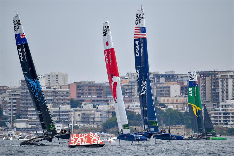 New Zealand SailGP Team, Japan SailGP Team, USA SailGP Team competing on Race Day 1 as Australia SailGP Team sits flat in the water with a technical fault at Italy SailGP, Event 2, Season 2 in Taranto, Italy. 05 June  photo copyright Ricardo Pinto / SailGP taken at  and featuring the F50 class