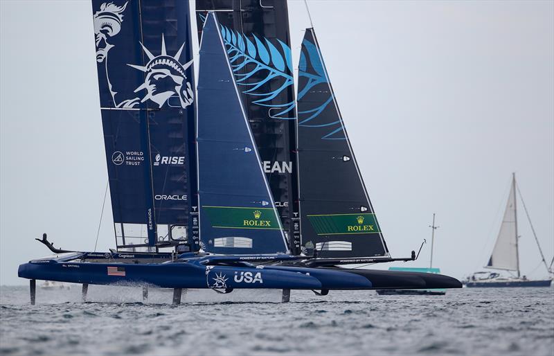 USA SailGP Team helmed by Jimmy Spithill and New Zealand SailGP Team helmed by interim skipper Arnaud Psarofaghis competing in the first race on Race Day 1 at Italy SailGP, Event 2, Season 2 in Taranto, Italy. 05 June  - photo © Ian Roman /SailGP