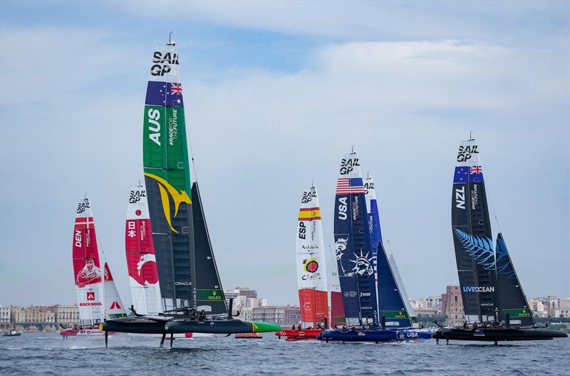 Denmark SailGP Team , Japan SailGP Team, USA SailGP Team, Spain SailGP Team France SailGP Team and New Zealand SailGP Team competing in the first race on Race Day 1 at Italy SailGP, Event 2, Season 2 in Taranto, Italy. 05 June  photo copyright Bob Martin / SailGP taken at  and featuring the F50 class