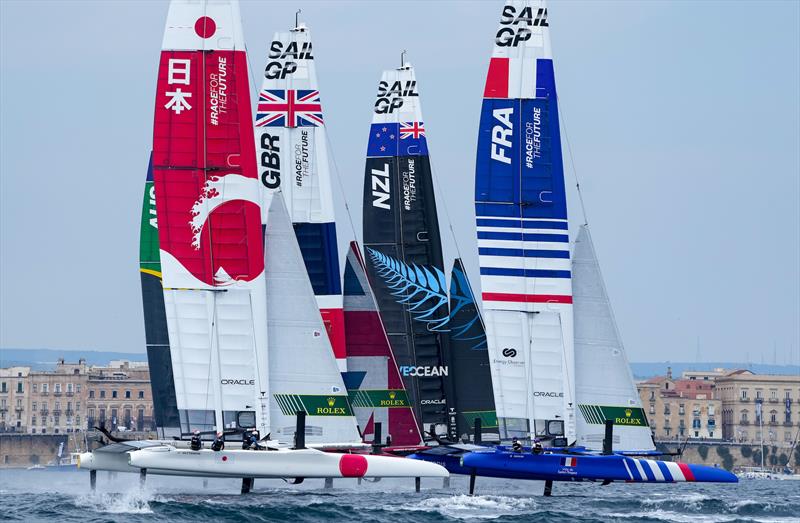 Australia SailGP Team, France SailGP Team, Great Britain SailGP Team, New Zealand SailGP Team and USA SailGP Team competing on Race Day 1 at Italy SailGP, Event 2, Season 2 in Taranto, Italy. 05 June  photo copyright Bob Martin / SailGP taken at  and featuring the F50 class