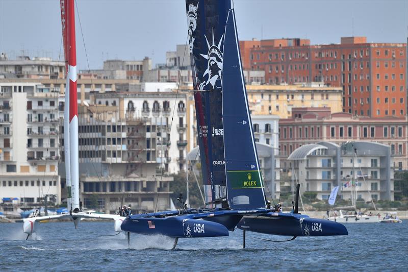 USA SailGP Team helmed by Jimmy Spithill ahead of Japan SailGP Team helmed by Nathan Outterridge in the final race of race day 2. Italy SailGP, Event 2, Season 2 in Taranto, Italy. 06 June  photo copyright Ricardo Pinto / SailGP taken at  and featuring the F50 class