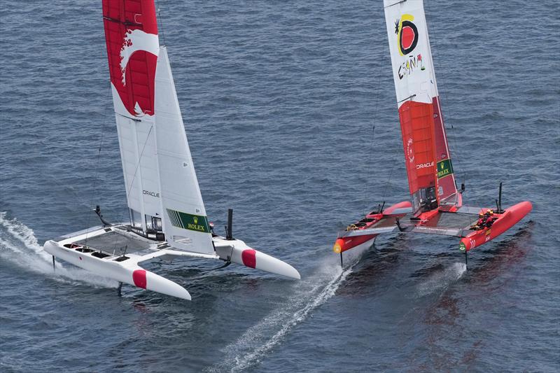 Aerial view of Japan SailGP Team helmed by Nathan Outterridge cutting behind Spain SailGP Team co-helmed by Florian Trittel and Phil Robertson in the final race on race day 2. Italy SailGP, Event 2, Season 2 in Taranto, Italy. 06 June. - photo © Thomas Lovelock / SailGP