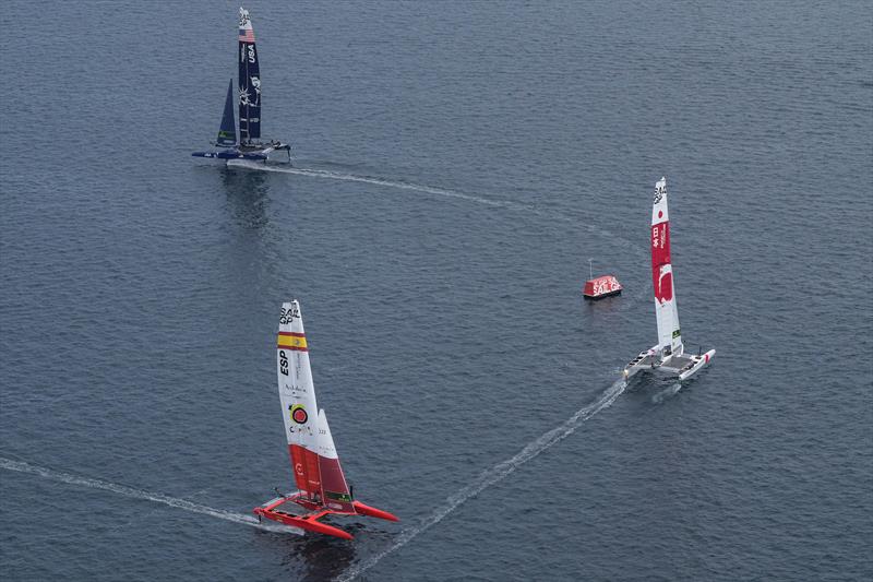 USA SailGP Team helmed by Jimmy Spithill ahead of Japan SailGP Team and Spain SailGP Team during the final race on race day 2. Italy SailGP, Event 2, Season 2 in Taranto, Italy. 06 June  photo copyright Thomas Lovelock / SailGP taken at  and featuring the F50 class