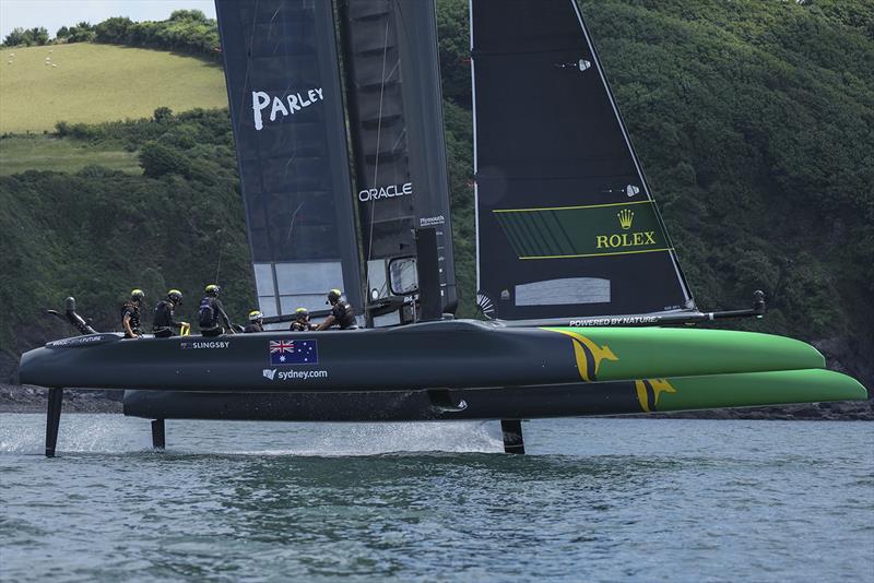 Australia SailGP Team helmed by Tom Slingsby practicing on the water ahead of Great Britain SailGP, Event 3, Season 2 in Plymouth, Great Britain 14 July photo copyright Thomas Lovelock for SailGP taken at  and featuring the F50 class