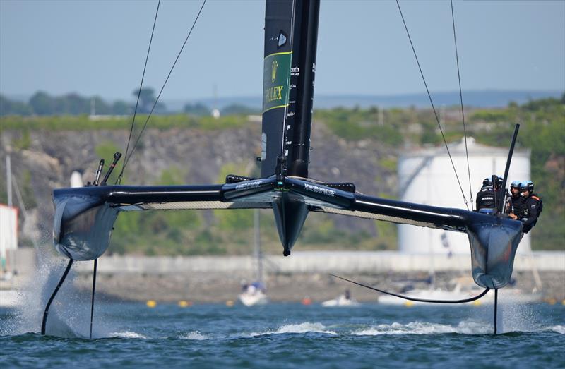 New Zealand SailGP Team helmed by interim skipper Arnaud Psarofaghis in action on race Day 1 at Great Britain SailGP, Event 3, Season 2 in Plymouth, UK. 17 July  photo copyright James Smith/SailGP taken at Royal Plymouth Corinthian Yacht Club and featuring the F50 class
