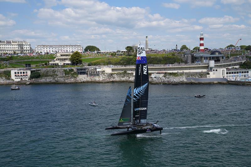 An aerial view of New Zealand SailGP Team helmed by interim skipper Arnaud Psarofaghis warming up ahead of the first race on Race Day 1 at Great Britain SailGP, Event 3, Season 2 in Plymouth, Great Britain 17 July  photo copyright Thomas Lovelock/SailGP taken at Royal Plymouth Corinthian Yacht Club and featuring the F50 class